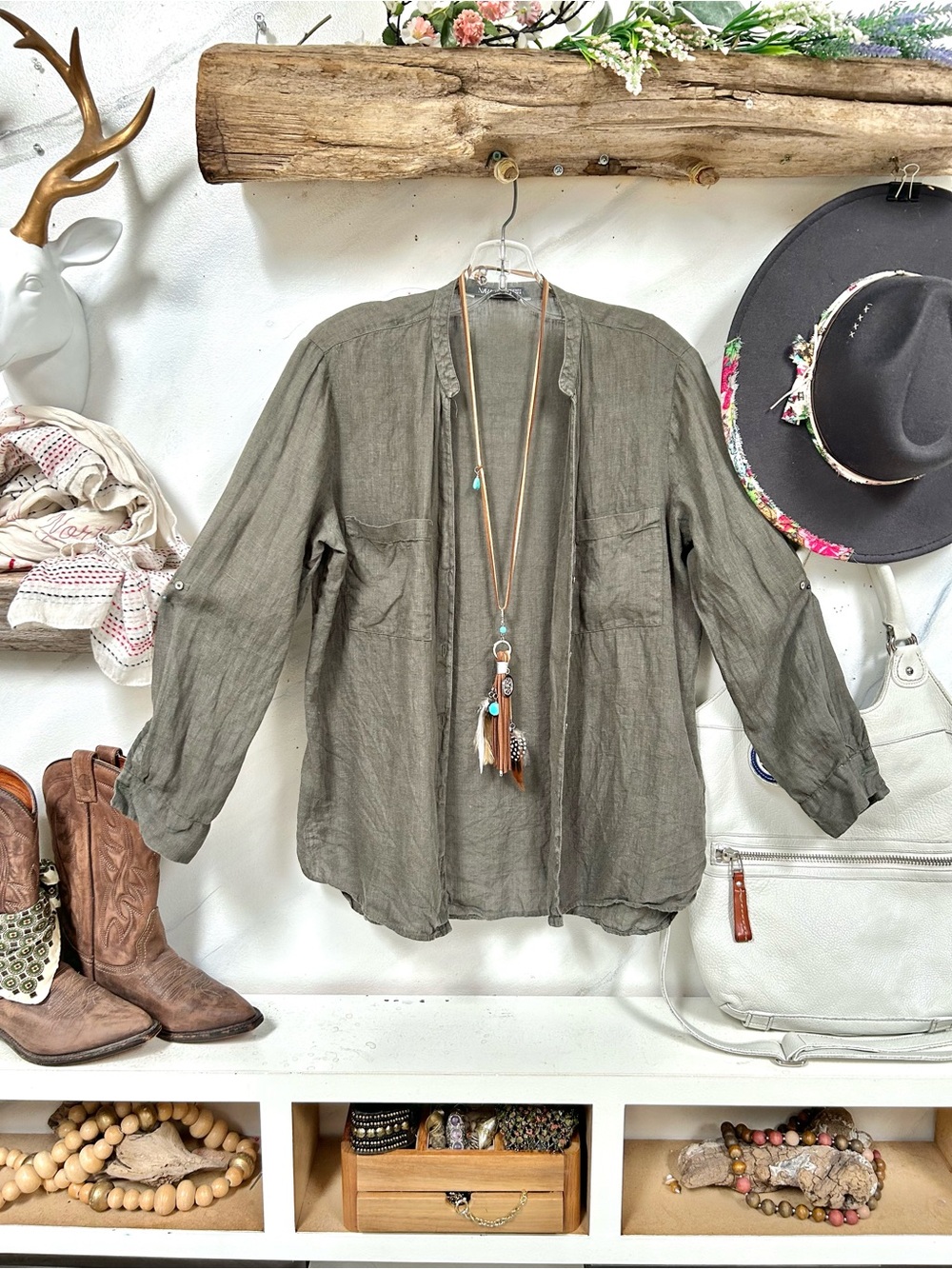 Zara Linen Olive Green Lightweight boho shirt w resort vacay beach country vibe